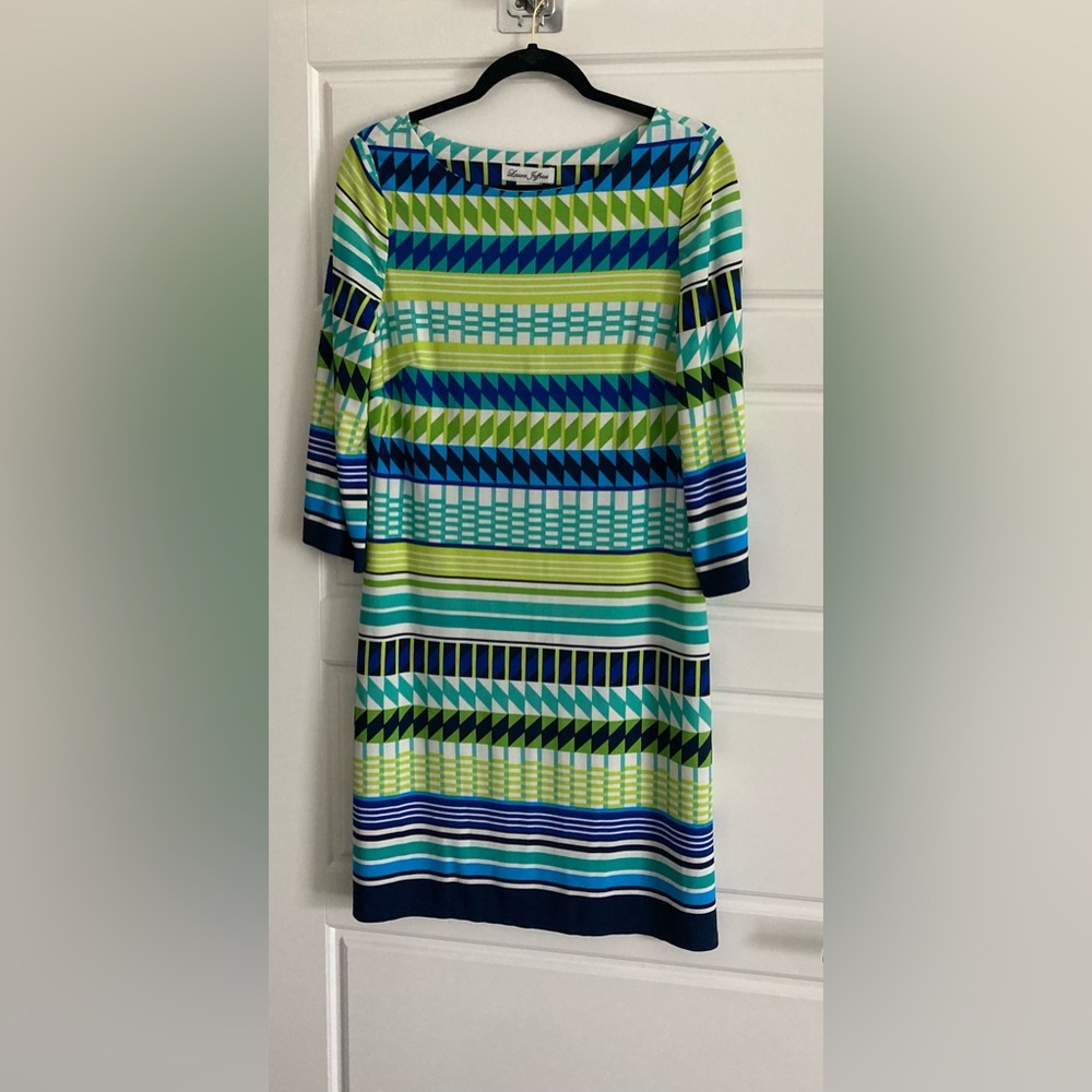 Laura Jeffries Striped Blue Green 3/4 Sleeve Shift Career Dress. Size